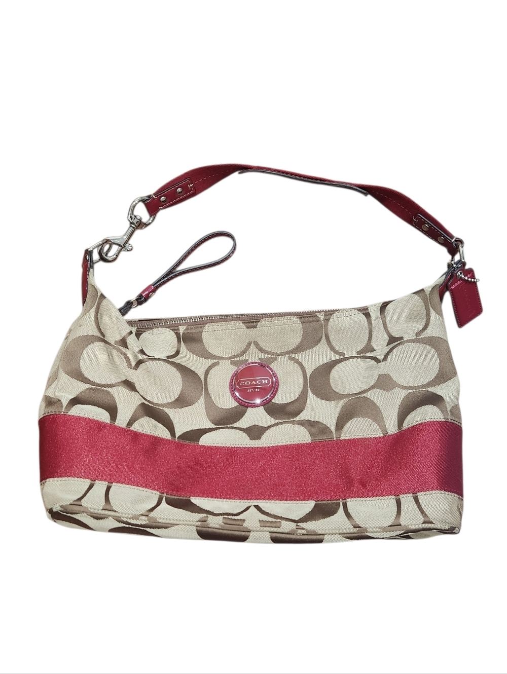 Coach Signature Beige Khaki and Red Band Shoulder Bag